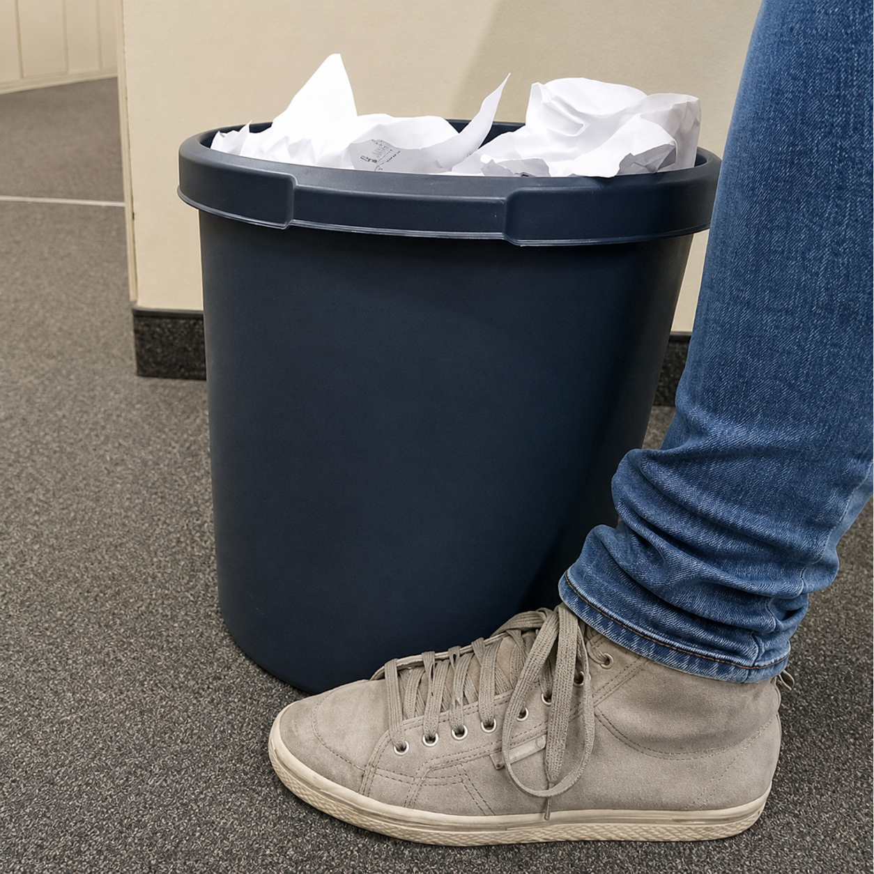 Mülleimer mit Papierabfällen neben einem Fuß in Jeans und Sneaker